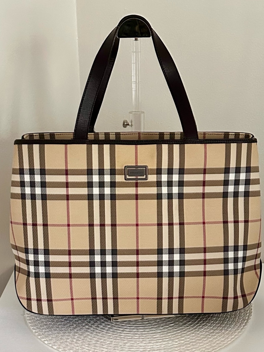 Burberry Nova Check Beige Plaid Tote with Dark Brown Handles